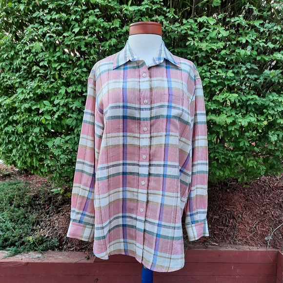 Vintage 90's JNY Linen Plaid Button Down Blouse Top Lagenlook Career - Picture 2 of 8